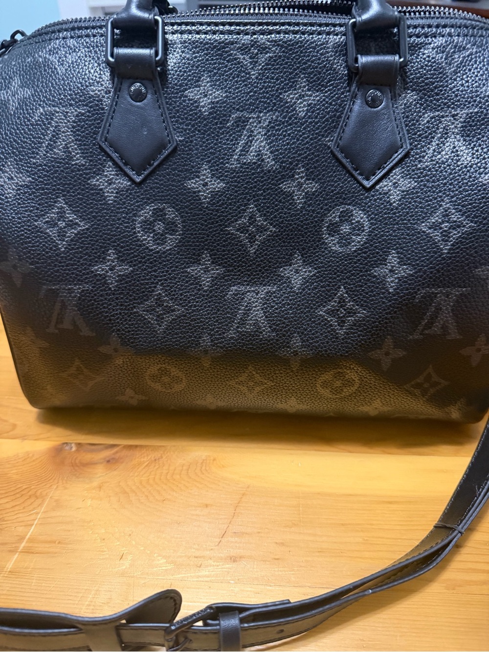 Designer-Inspired Black Monogram Leather Satchel with Removable Pouch - Picture 6 of 7
